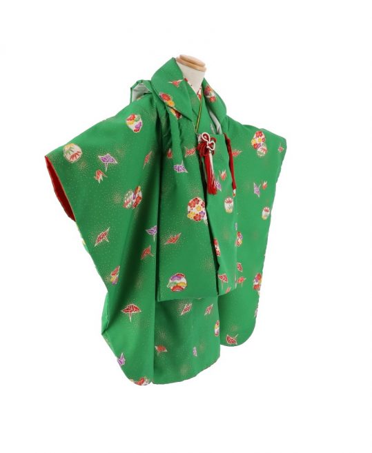 七五三 3歳女の子用被布[レトロシンプル](被布・着物)緑地・松竹梅と折り鶴No.39K